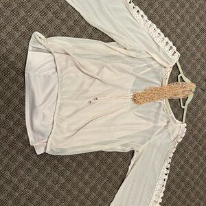 Alyx Cream Blouse with Lace Detail with multi layer beaded necklace that matches